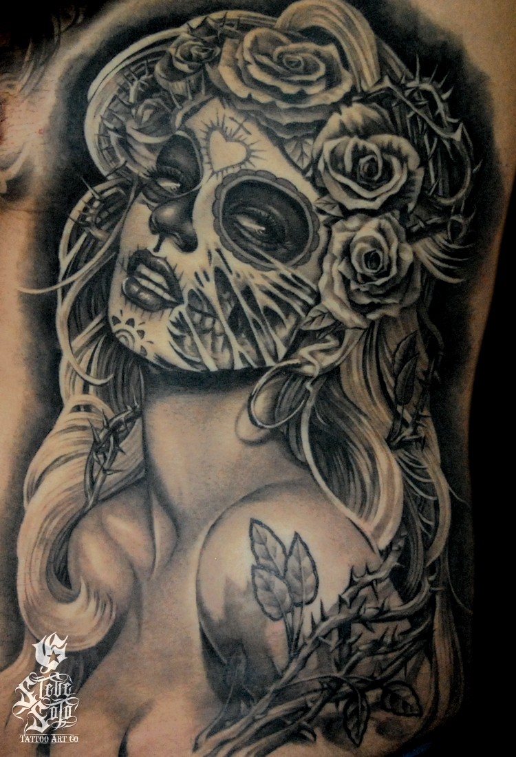 Mexican style painted black ink seductive woman tattoo on chest