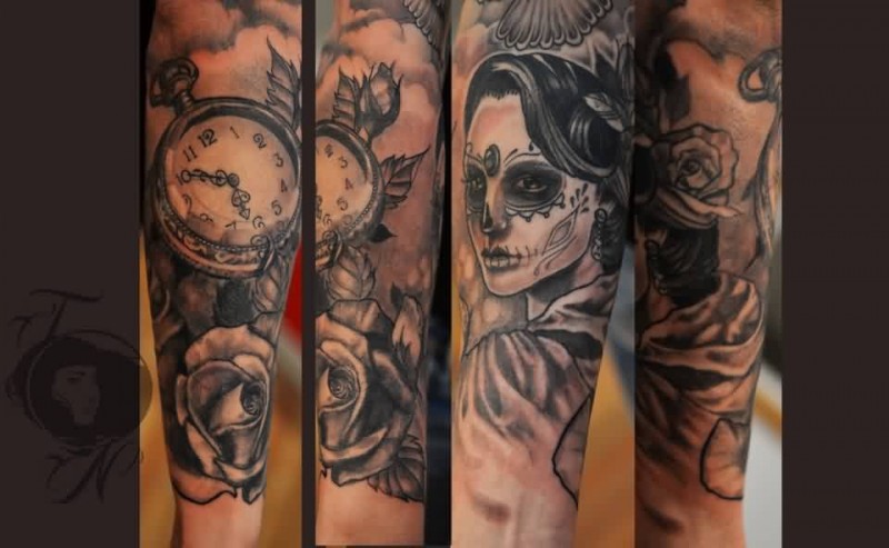 Mexican traditional colored forearm tattoo of woman portrait wit clock and rose