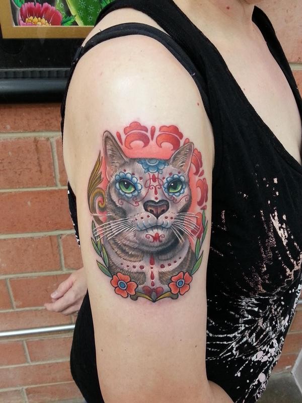 Mexican traditional colored shoulder tattoo of cat with flowers