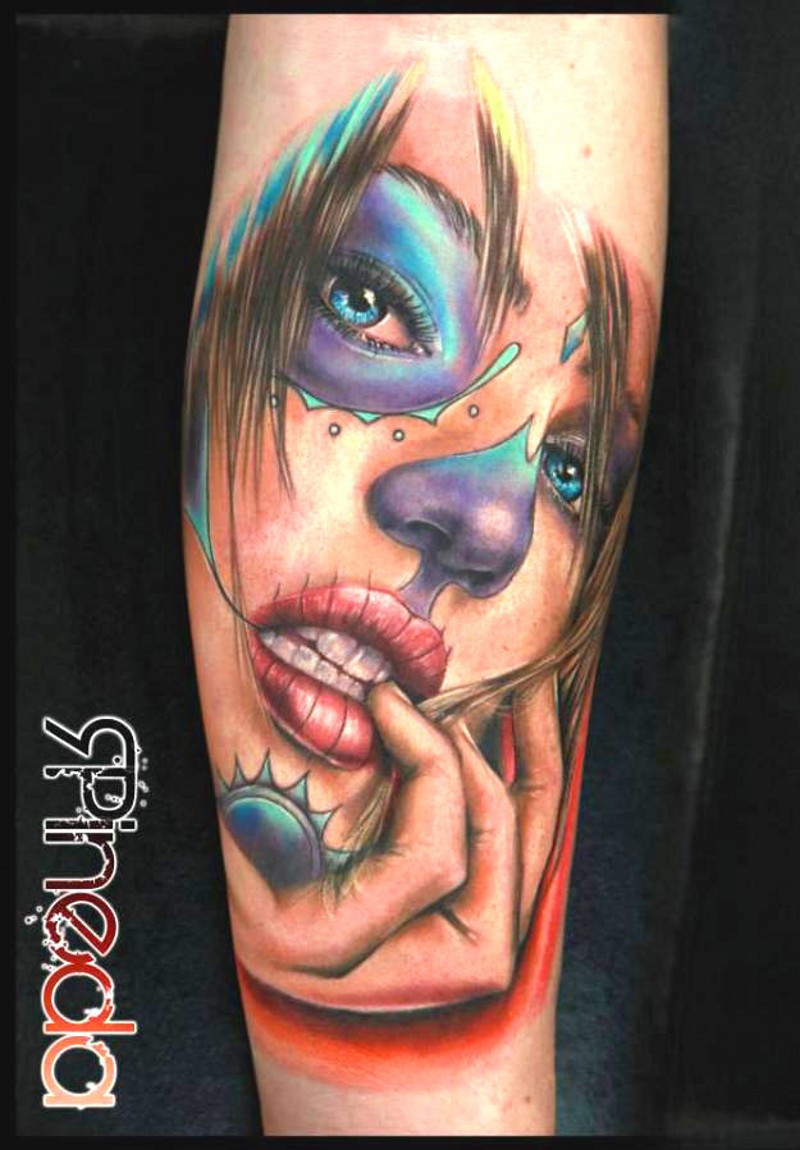 Mexican traditional colorful seductive woman portrait tattoo on forearm