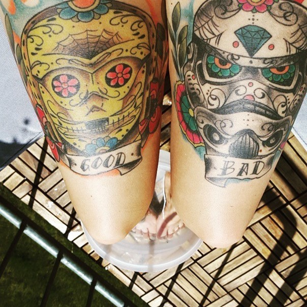 Mexican traditional designed colorful C3PO and storm trooper tattoo on thighs stylized with lettering
