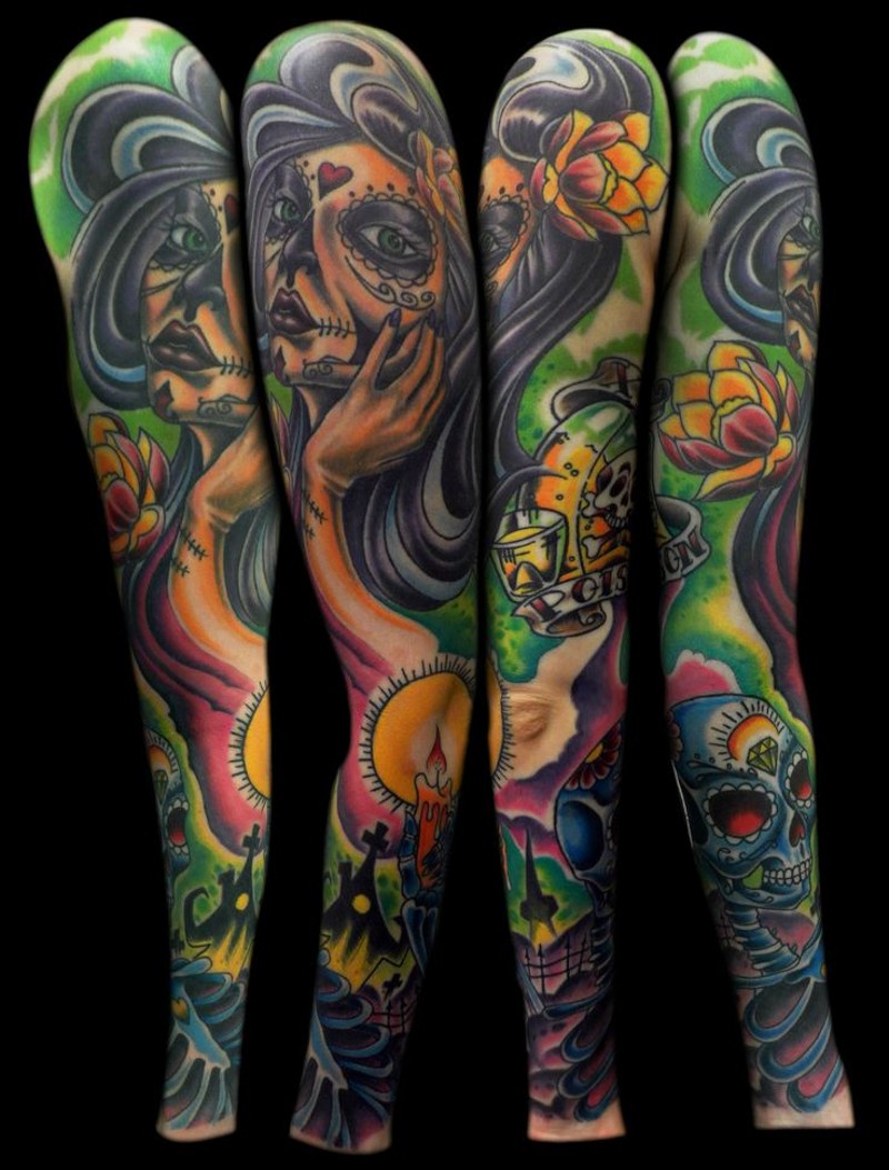 Mexican traditional multicolored various demonic portraits tattoo on sleeve with lettering