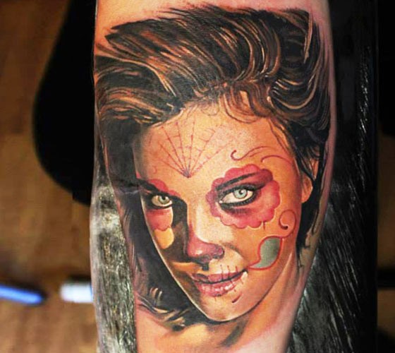 Mexican traditional style colored arm tattoo of cute woman