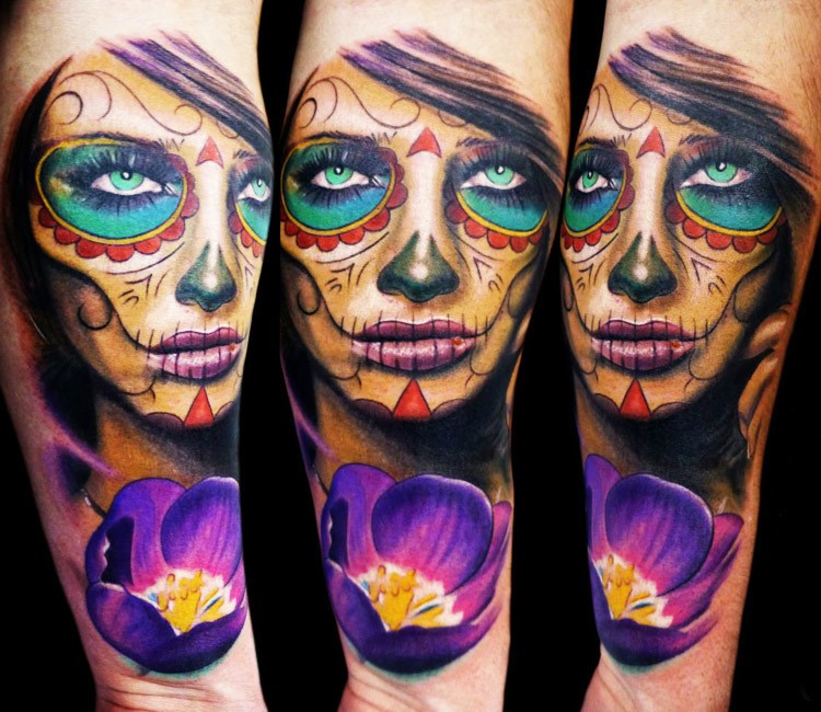 Mexican traditional style colored arm tattoo of woman face with flower