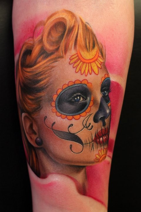 Mexican traditional style colored shoulder tattoo of realistic woman portrait