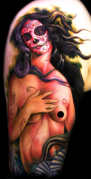 Mexican traditional style colored shoulder tattoo of big naked woman