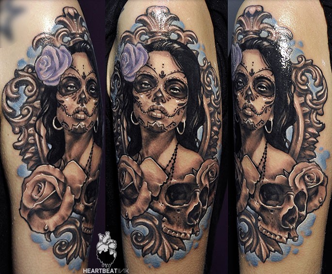 Mexican traditional style colored shoulder tattoo of woman portrait with skull and flowers