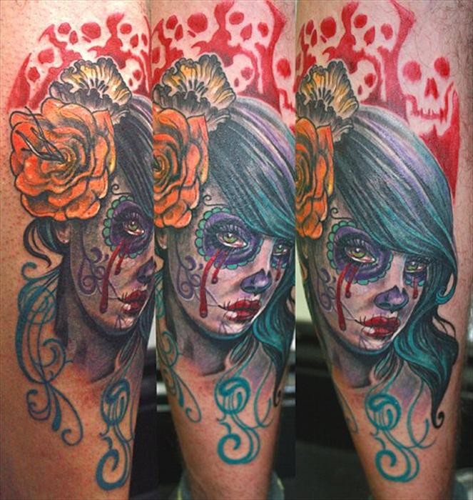 Mexican traditional style colored tattoo of crying woman with flowers