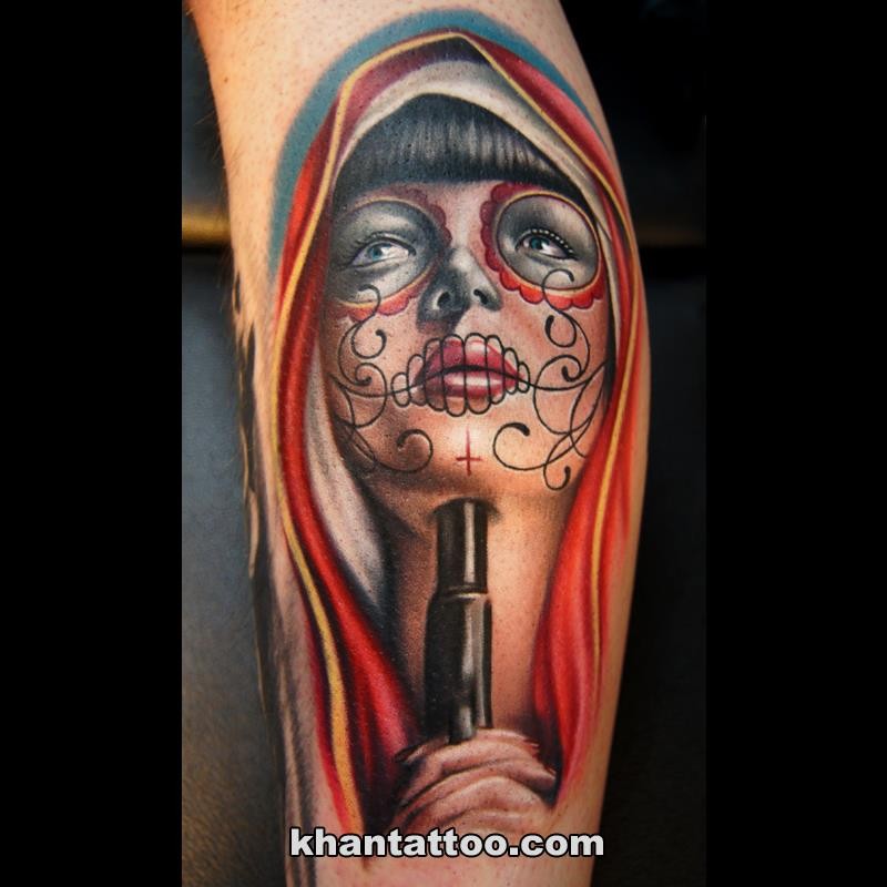 Mexican traditional style colored tattoo of woman face with pistol