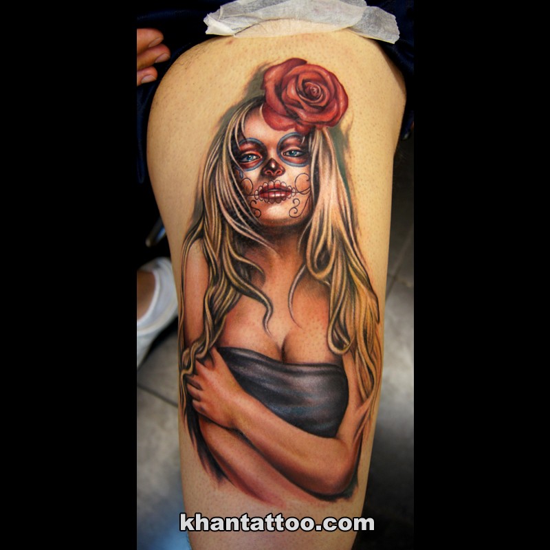Mexican traditional style colored tattoo of seductive woman with rose