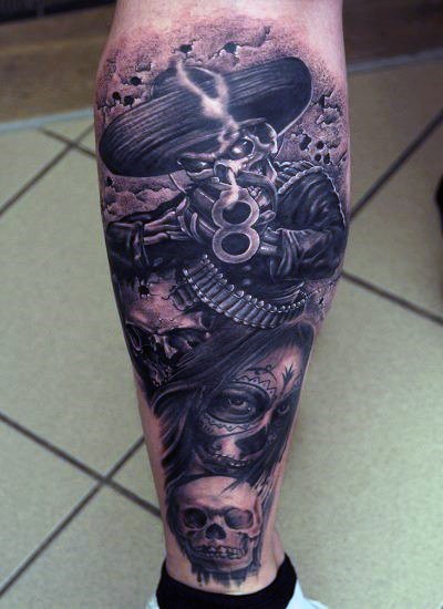 Mexican traditional style demonic skeleton with rifle tattoo on leg combined with woman portrait and skull