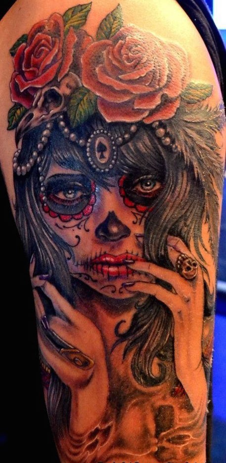 Mexican traditional style shoulder tattoo of seductive woman face
