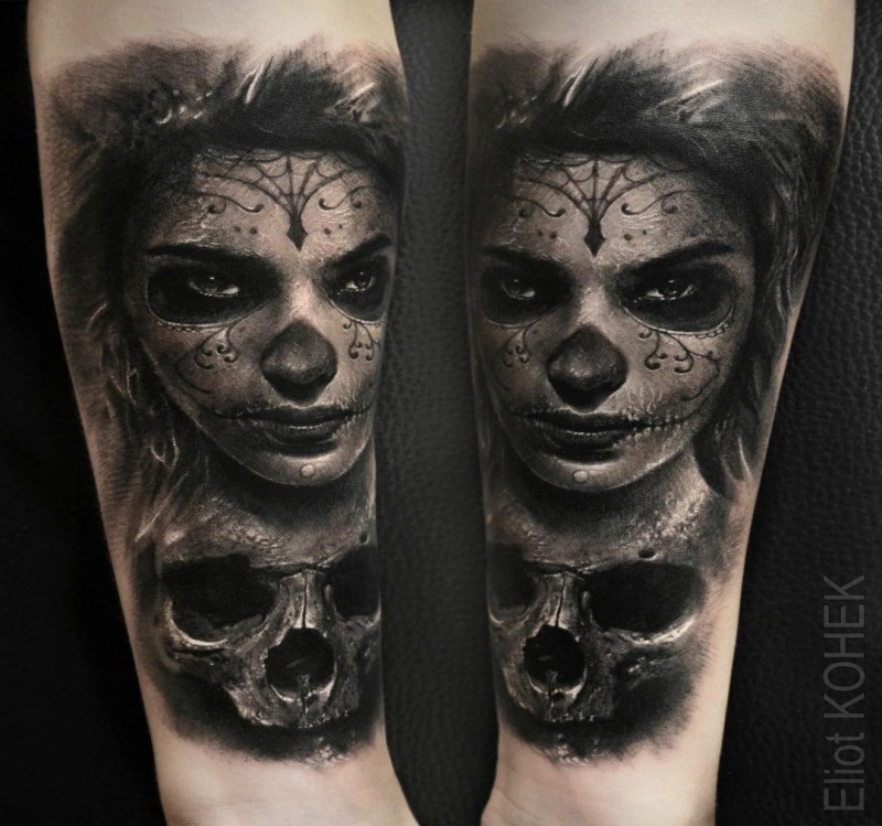 Mexican traditional very detailed forearm tattoo of woman with mask and human skull