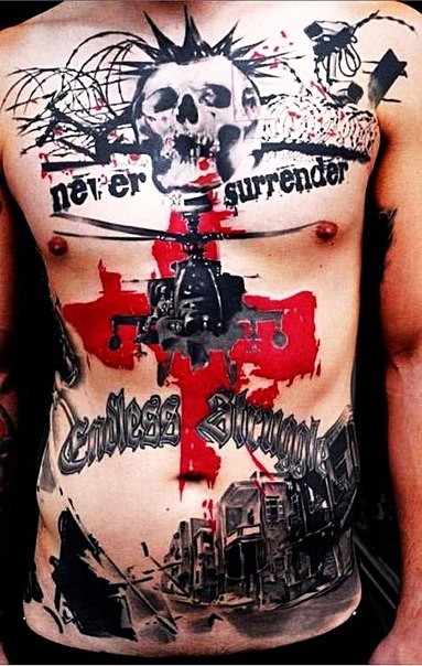 Military style massive colored awesome tattoo on whole chest and belly