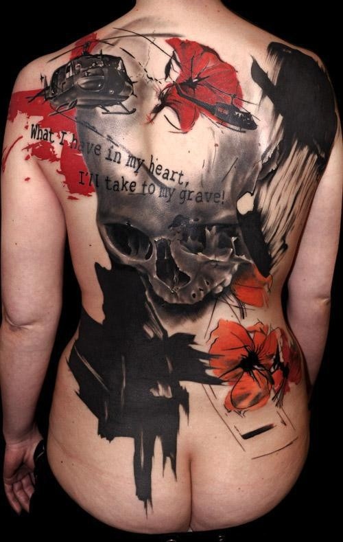 Military style memorial colored massive tattoo with helicopters and skull on whole back