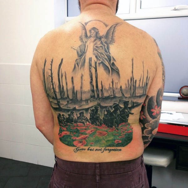 Military troops on flowering field with guardian angel on top colored whole back tattoo