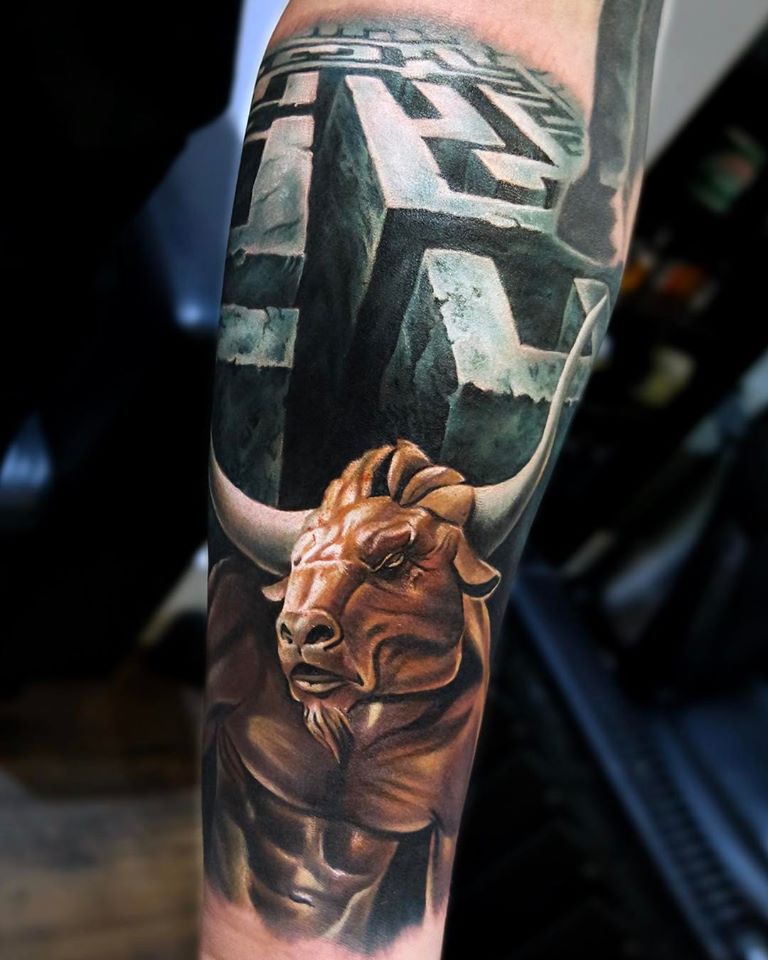 Minotaur and labirinth tattoo on forearm