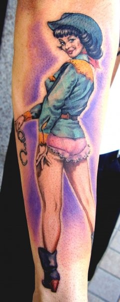 Mischievous pinup girl sheriff tattoo by Matteo Pasqualin
