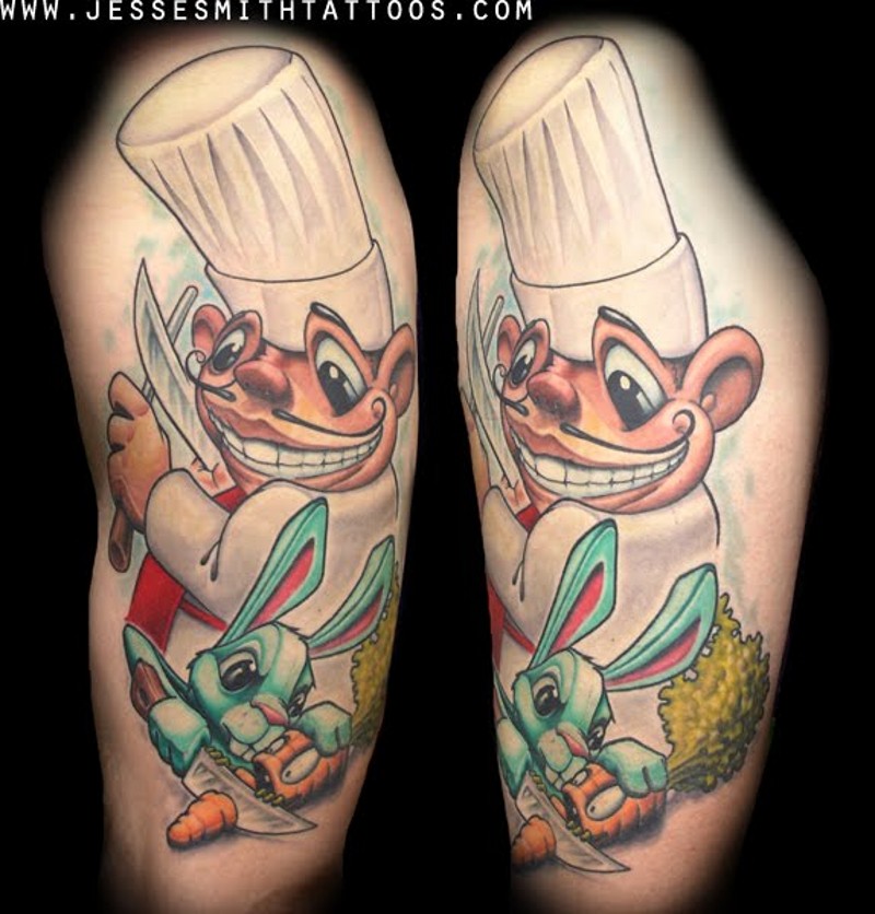 Modern cartoon style colored arm tattoo of funny cook with mouse and carrot