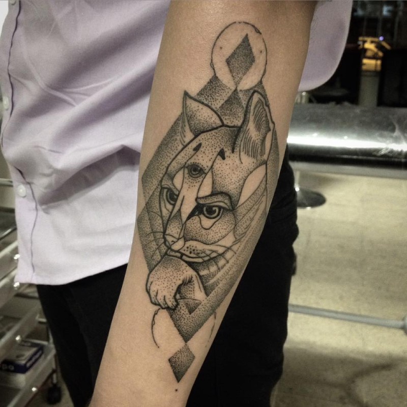 Modern dot style arm tattoo of mystical cat with geometrical ornaments
