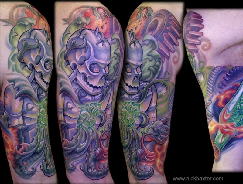 Modern horror cartoon like colored skeleton tattoo on shoulder with flower