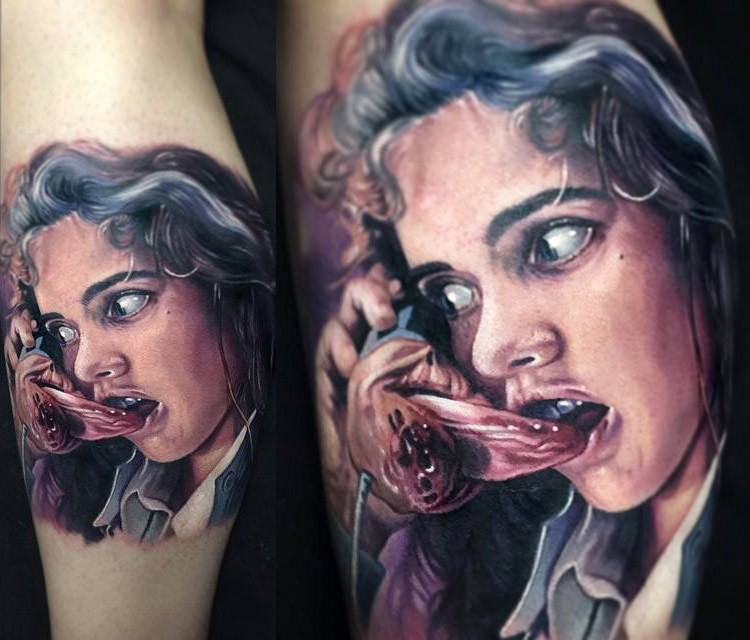 Modern horror style colored leg tattoo of woman with monster