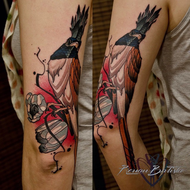 Modern illustrative style colored arm tattoo of fantasy bird with blooming tree branch