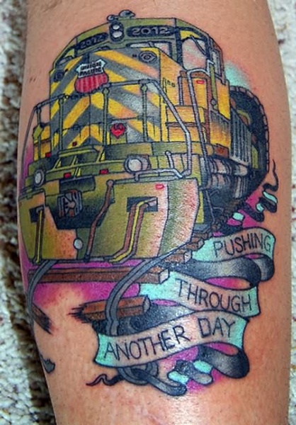 Modern looking colored tattoo of modern train with lettering