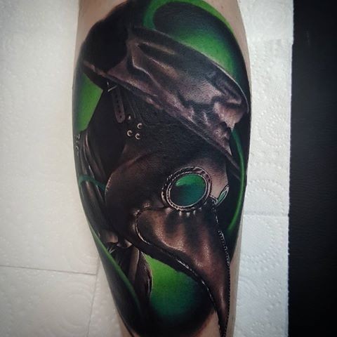 Modern style beautiful colored plague doctor portrait tattoo