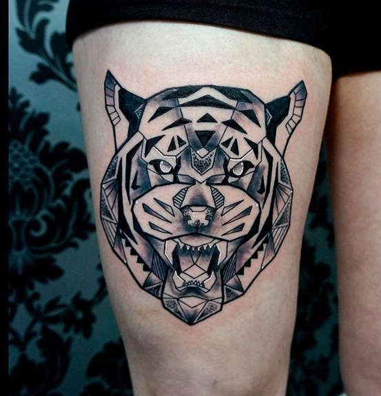 Modern style black ink thigh tattoo of angry tiger head
