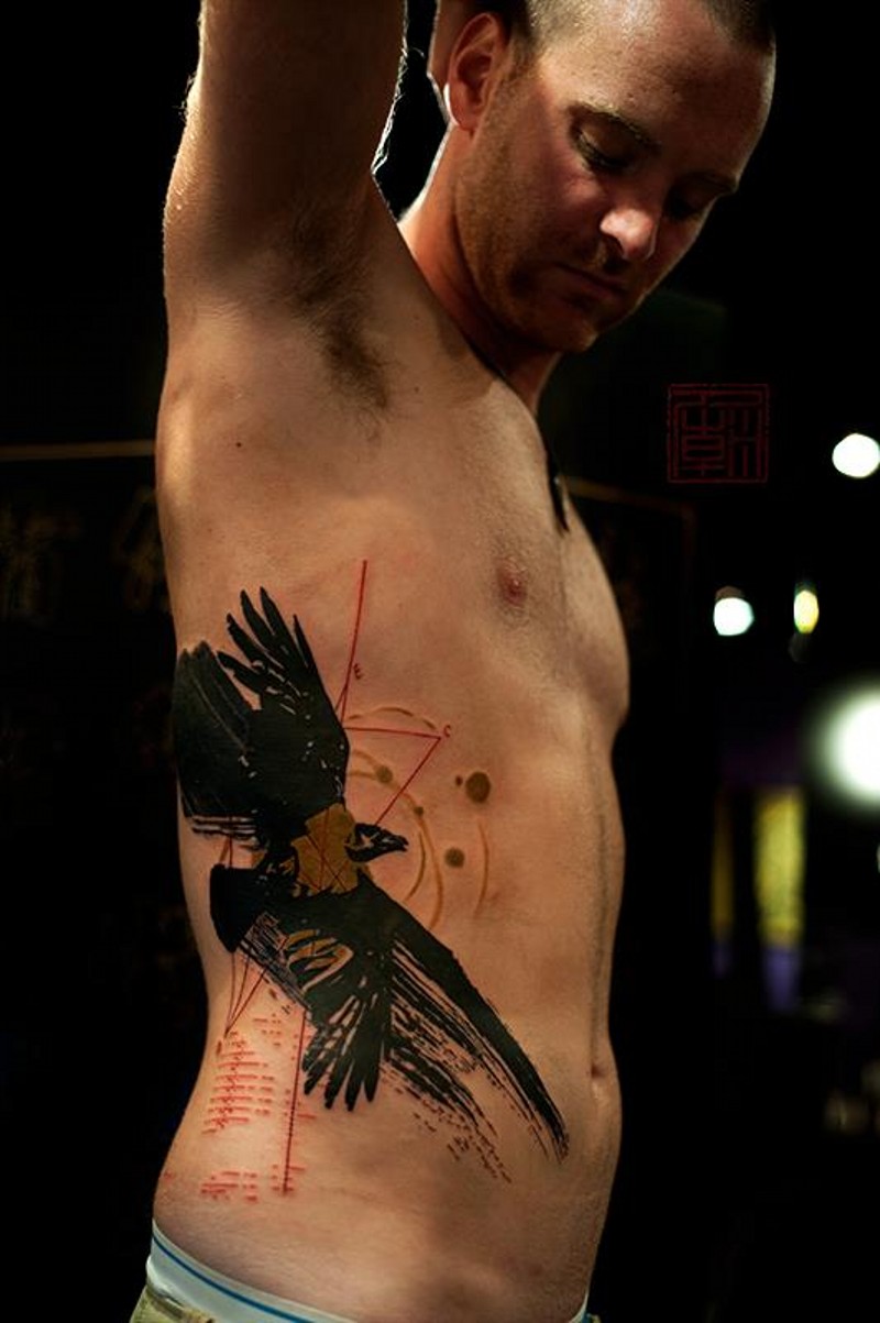 Modern style colored abstract crow tattoo on side with solar system