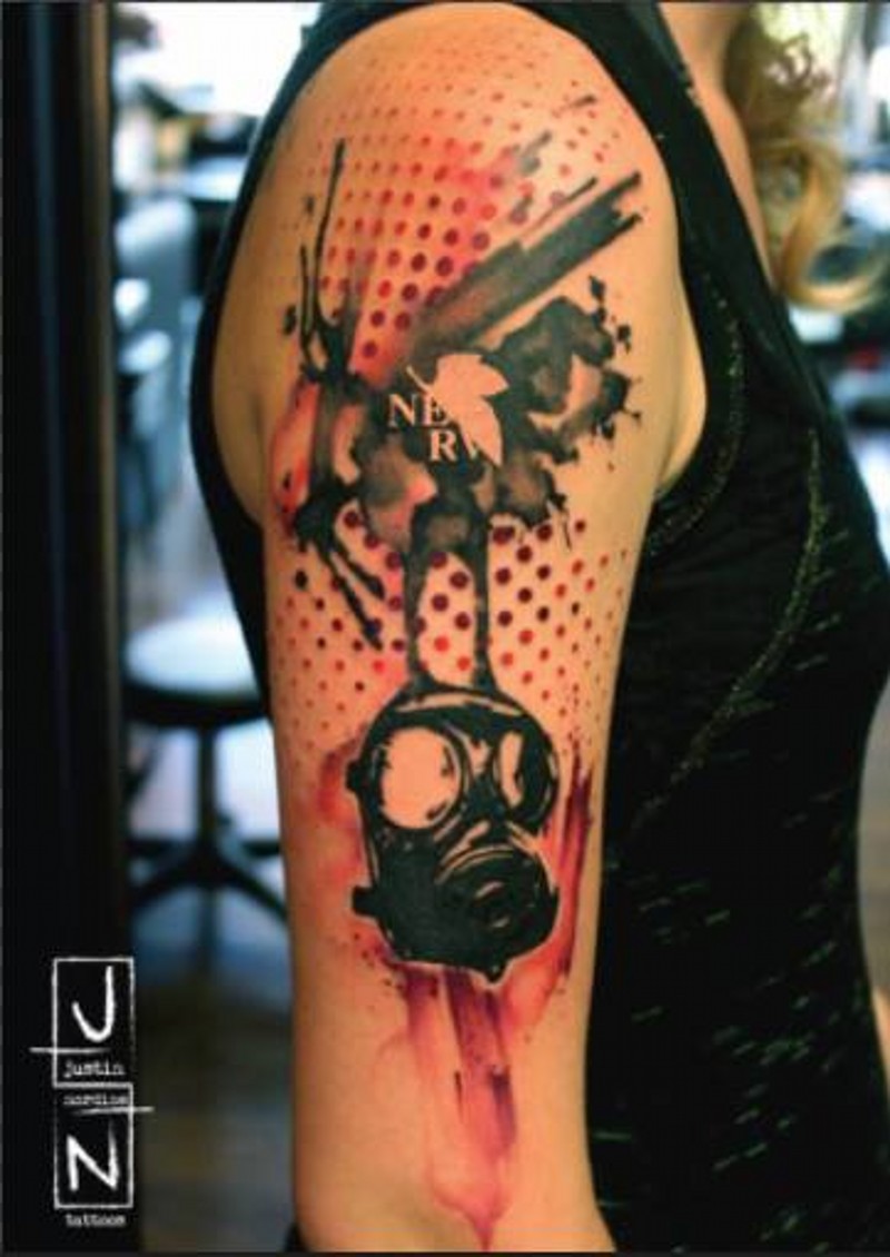 Modern style colored abstract tattoo stylized with gas mask