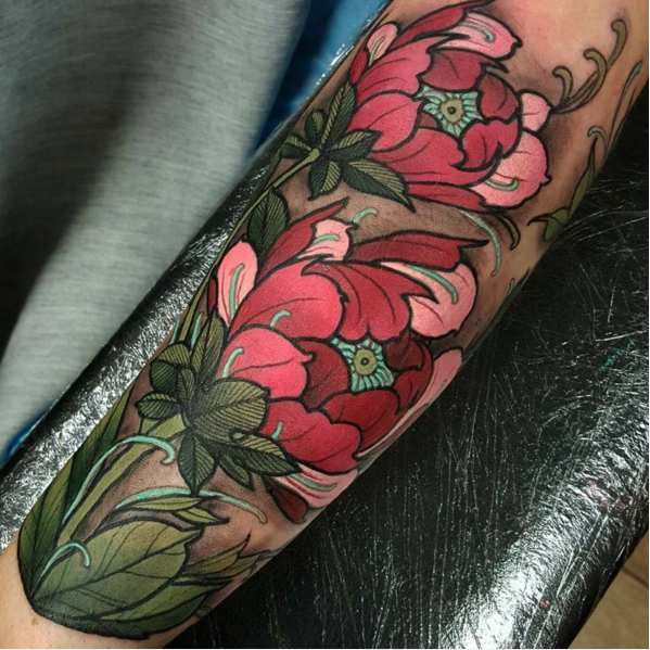 Modern style colored arm tattoo of beautiful flowers