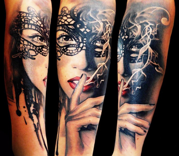 Modern style colored arm tattoo of seductive woman with mask and smoke