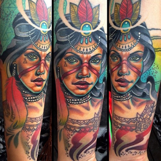 Modern style colored arm tattoo of beautiful tribal woman