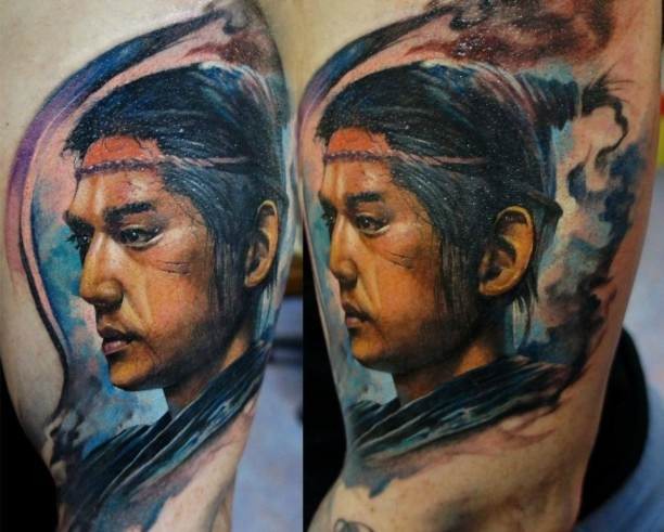 Modern style colored arm tattoo of Asian man portrait