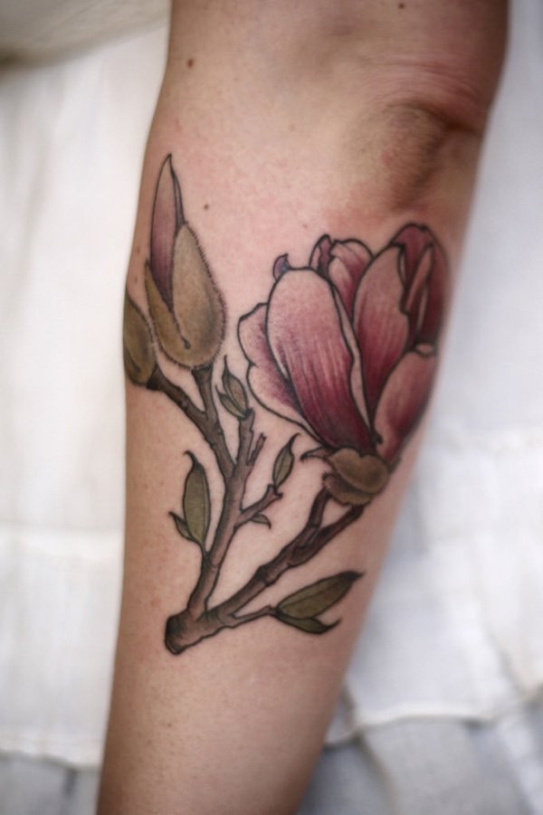 Modern style colored arm tattoo of big flower