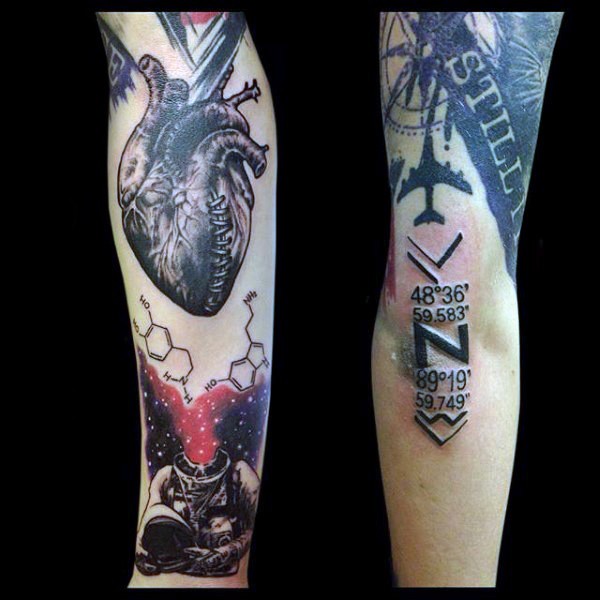 Modern style colored arm tattoo of human heart,space man and lettering