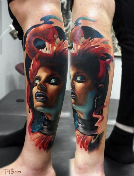 Modern style colored arm tattoo of mystical woman with bird