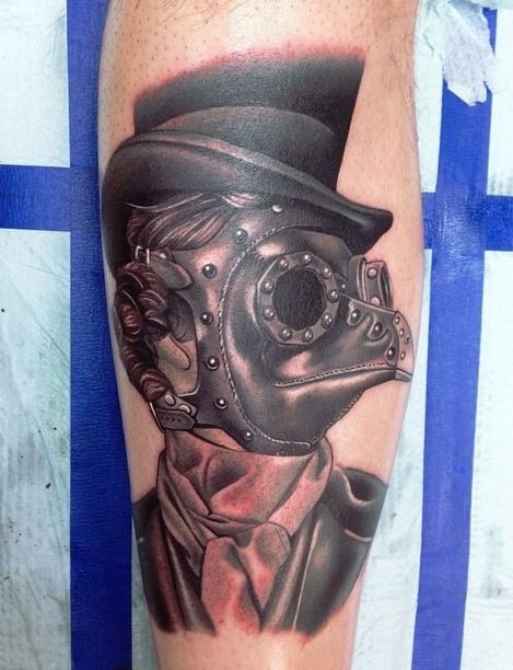 Modern style colored arm tattoo of woman plague doctor with cylinder hat