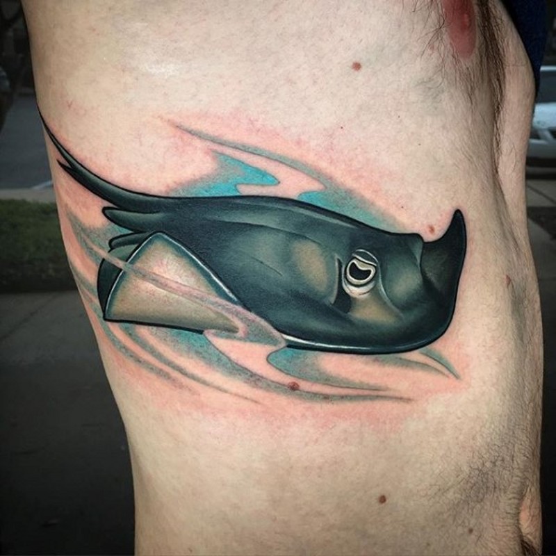 Modern style colored big side tattoo of 3D swimming ray