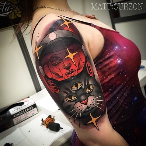 Modern style colored cat with alien tattoo