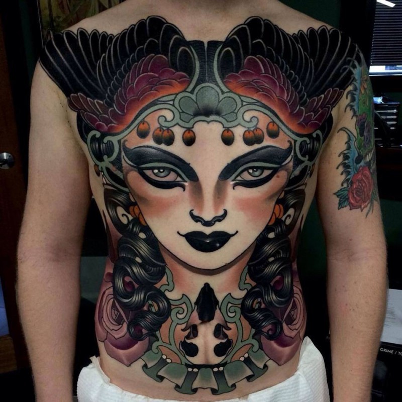 Modern style colored chest and belly tattoo of woman with wings