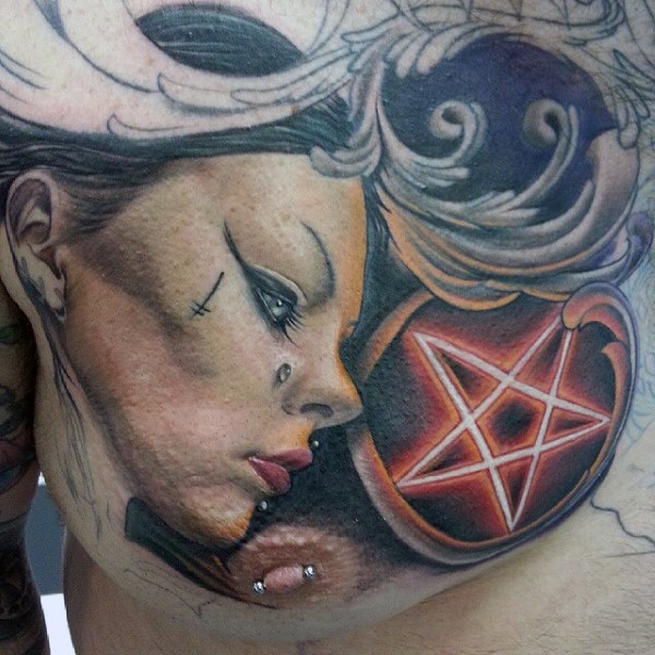 Modern style colored chest tattoo of demonic woman with devils star