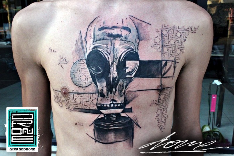 Modern style colored chest tattoo of gas mask with ornaments