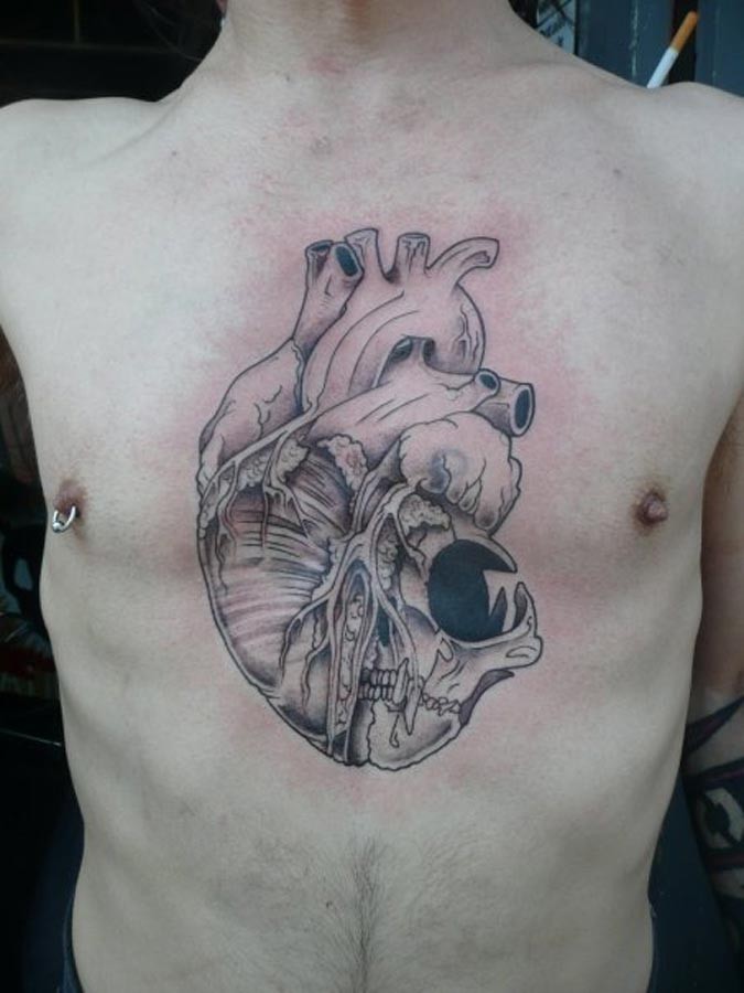 Modern style colored chest tattoo of human heart combined with animal skull