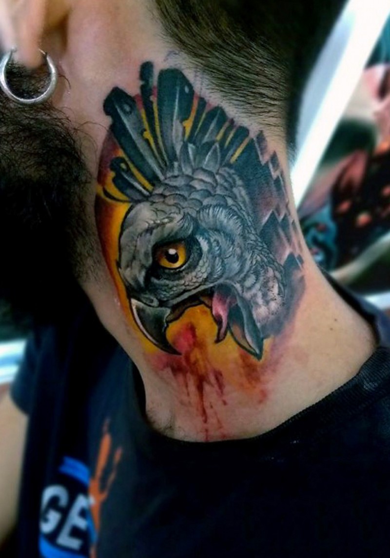 Modern style colored detailed neck tattoo of screaming eagle head