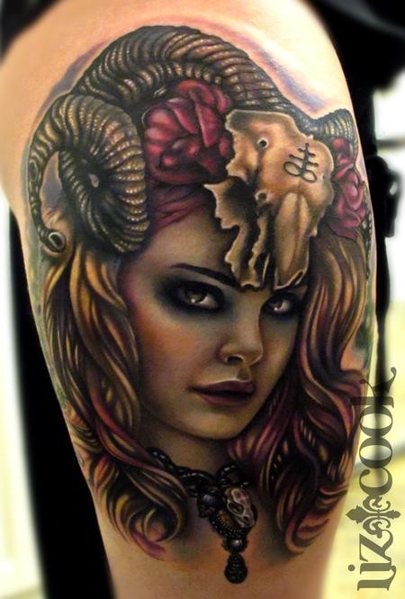 Modern style colored devil woman tattoo on thigh