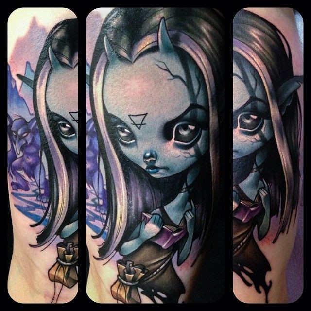 Modern style colored evil demonic girl tattoo