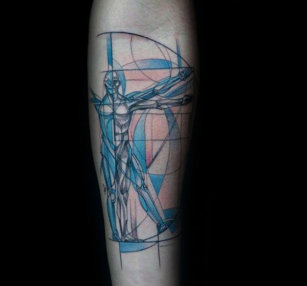 Modern style colored forearm tattoo of Vitruvian man